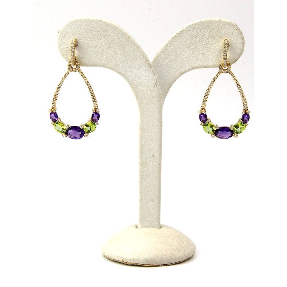 Amethyst, Peridot & Diamond Drop Earrings