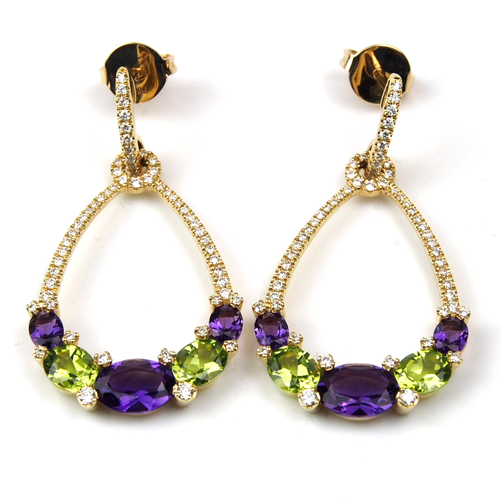 Amethyst, Peridot & Diamond Drop Earrings