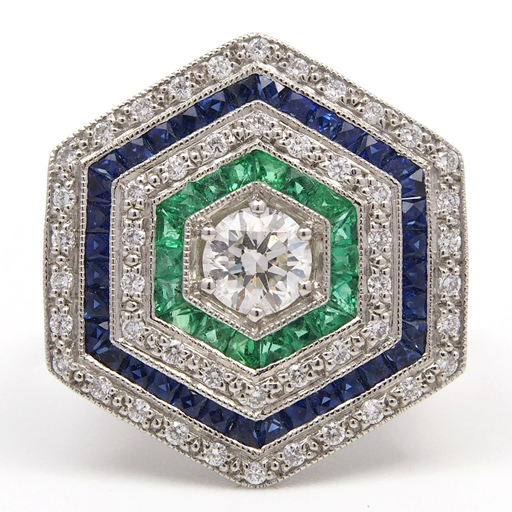 Diamond, Emerald and Sapphire Ring - Platinum