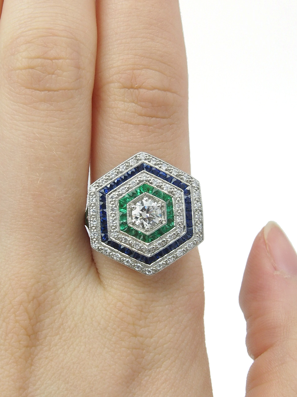 Diamond, Emerald and Sapphire Ring - Platinum