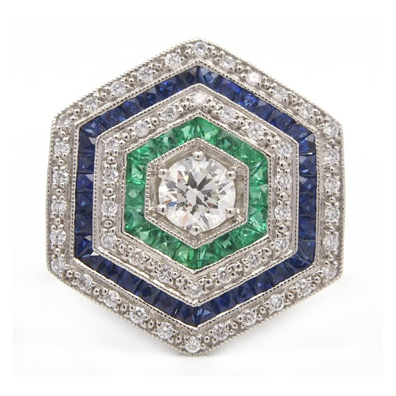 Diamond, Emerald and Sapphire Ring - Platinum