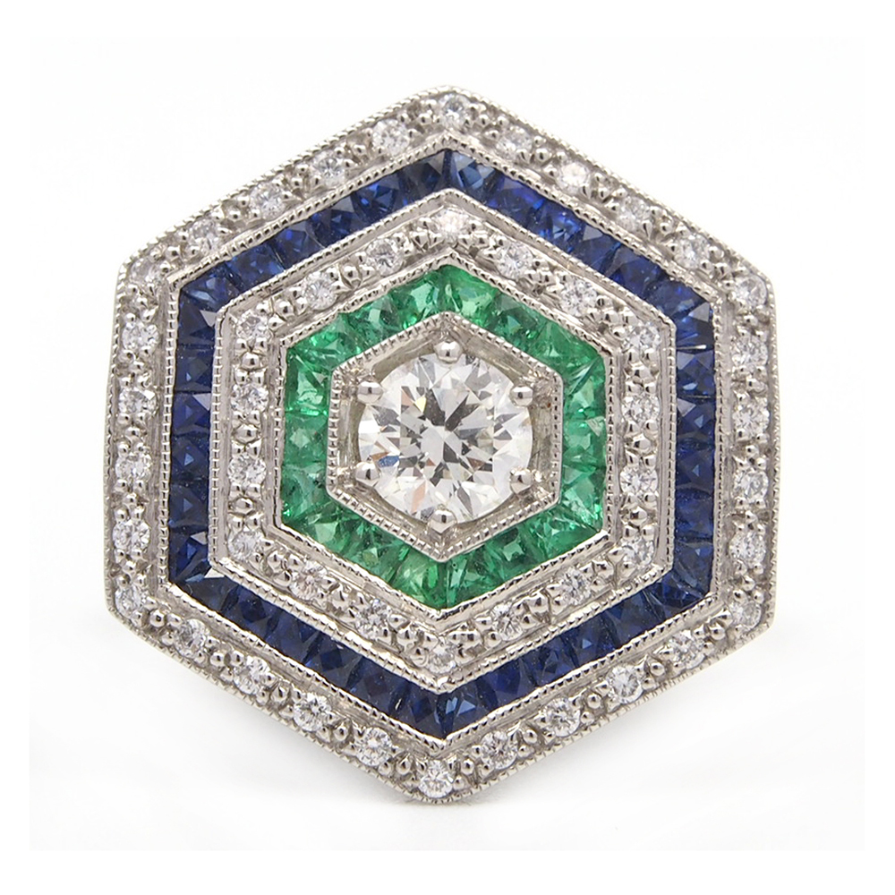 Diamond, Emerald and Sapphire Ring - Platinum