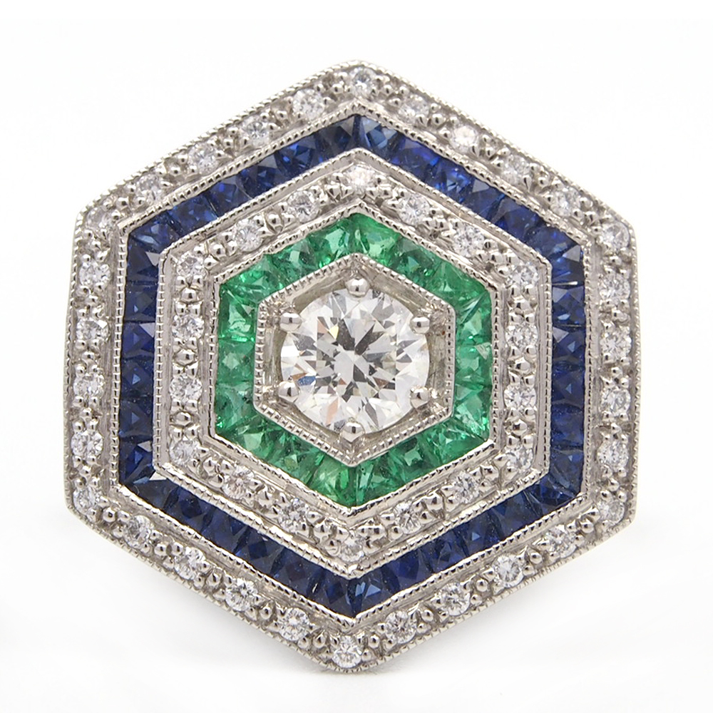 Diamond, Emerald and Sapphire Ring - Platinum