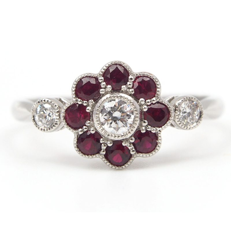 Ruby and Diamond Flower Cluster Ring - Platinum