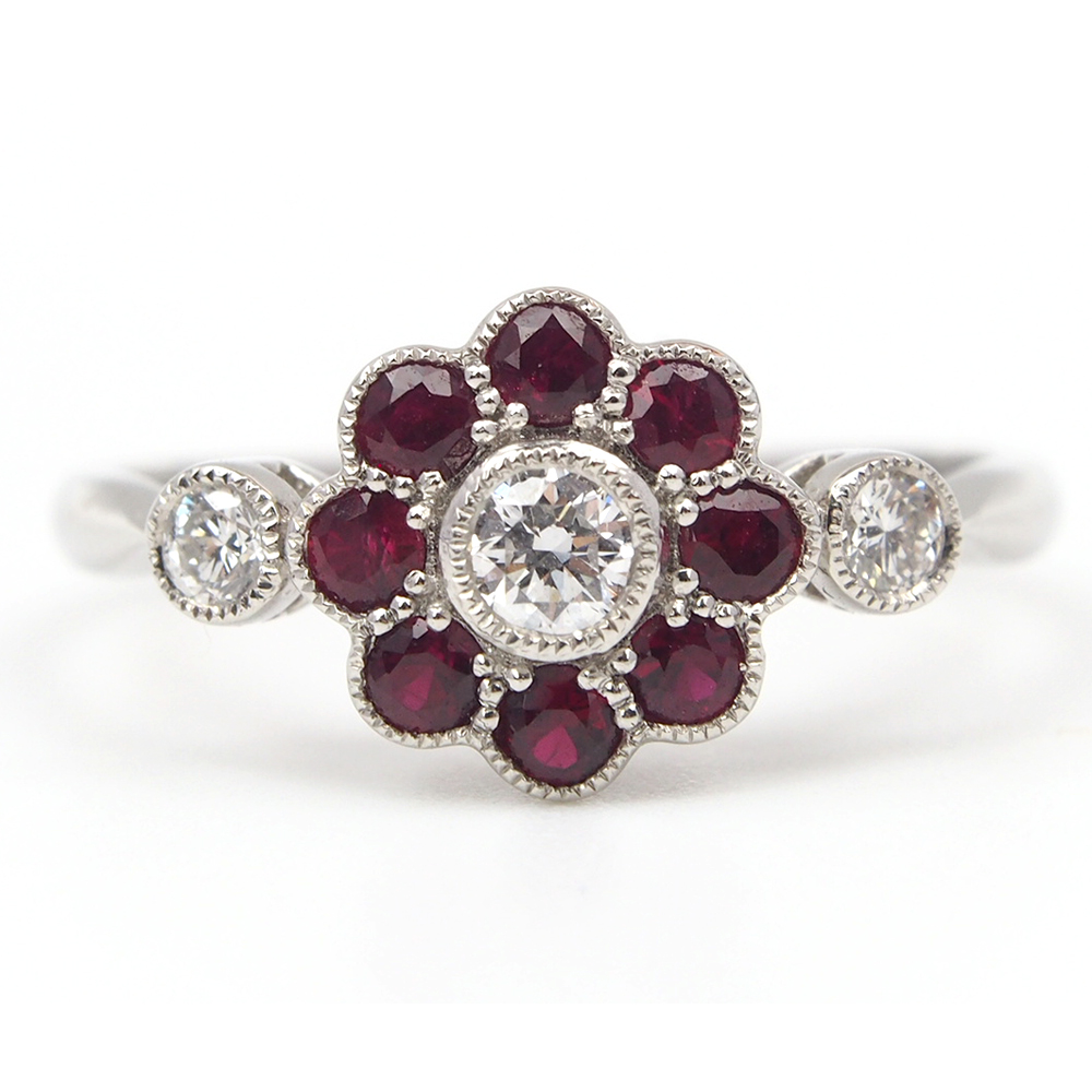 Ruby and Diamond Flower Cluster Ring - Platinum