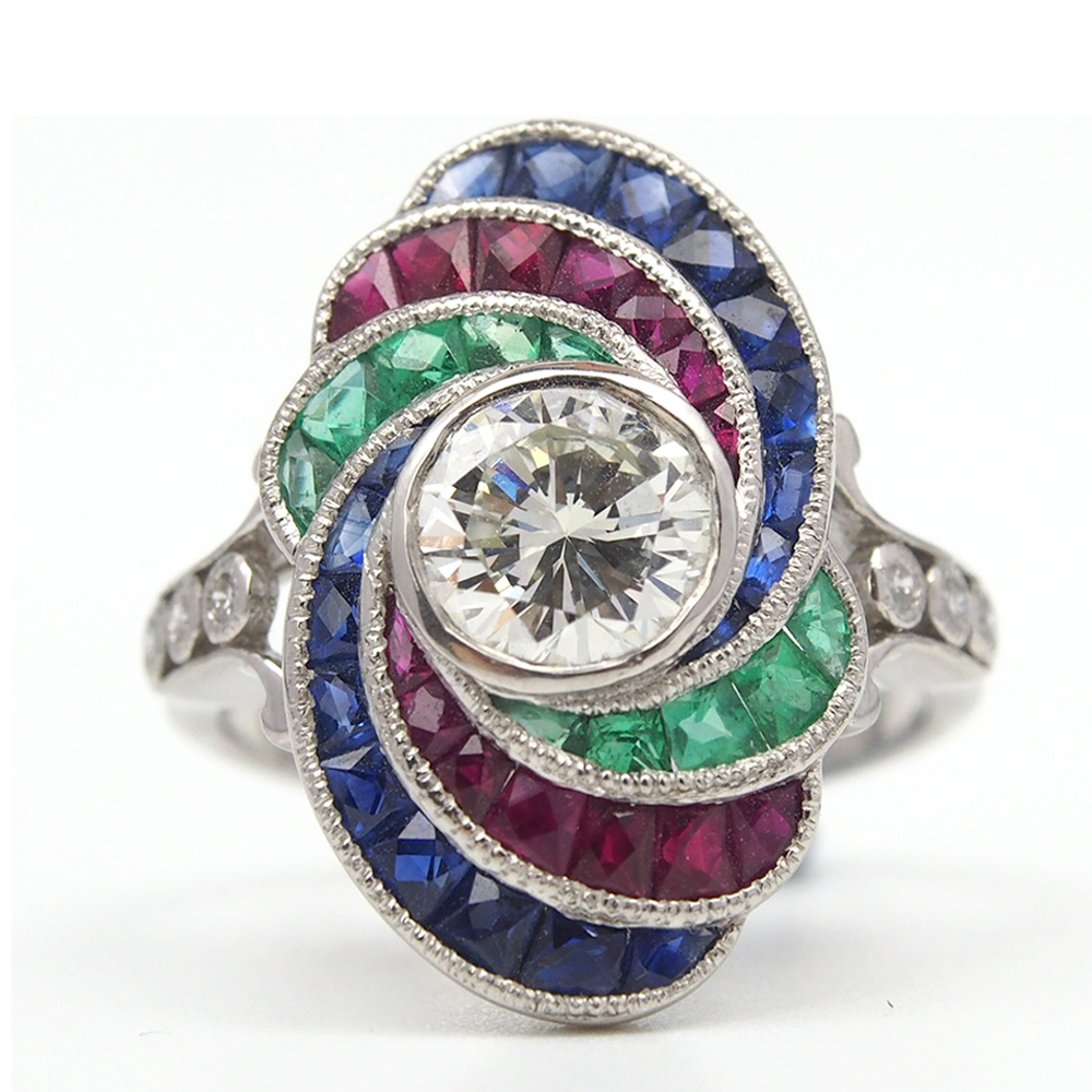 Diamond, Sapphire, Ruby and Emerald Ring - Platinum