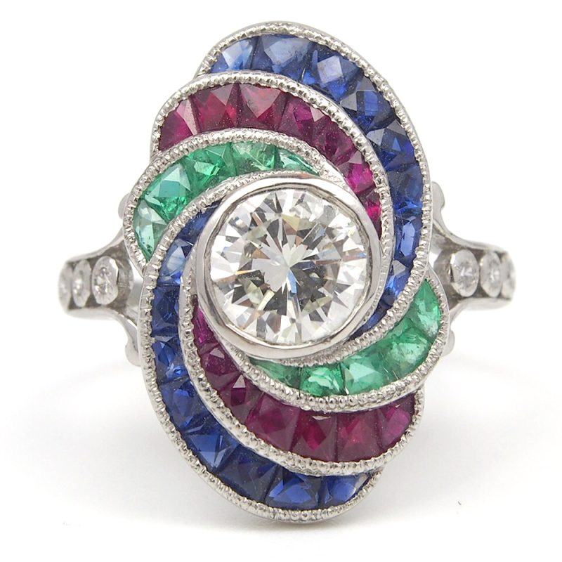 Diamond, Sapphire, Ruby and Emerald Ring - Platinum