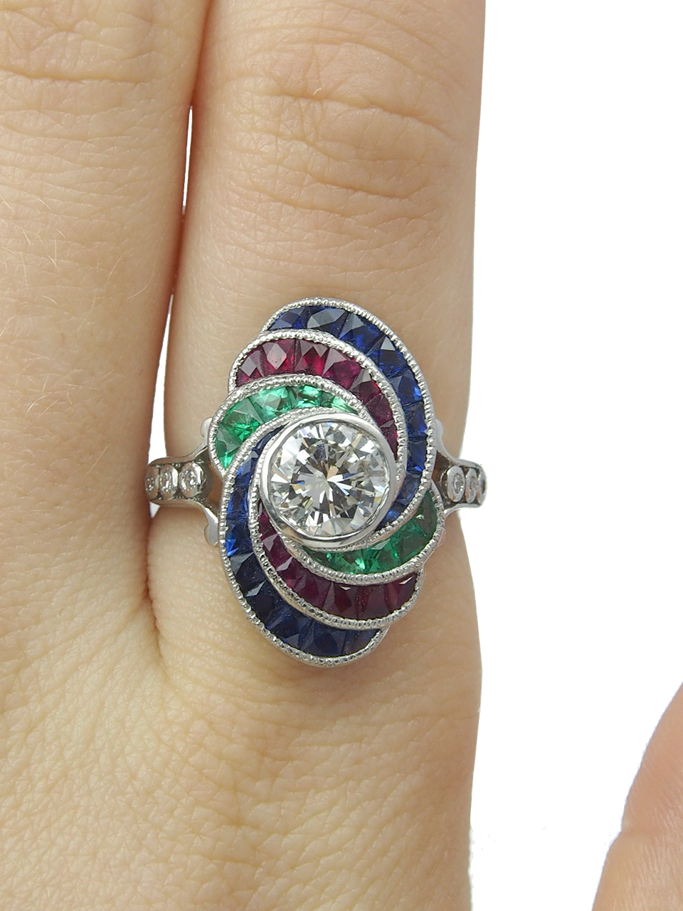 Diamond, Sapphire, Ruby and Emerald Ring - Platinum