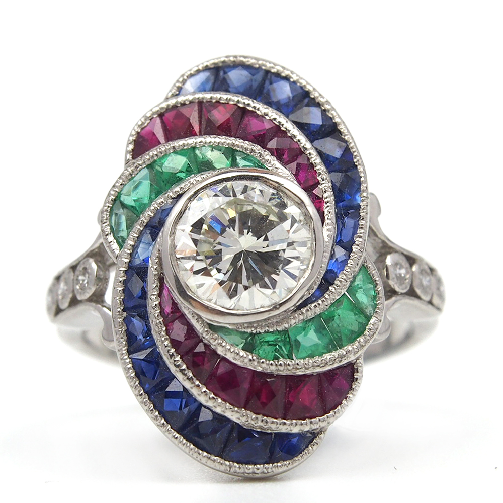 Diamond, Sapphire, Ruby and Emerald Ring - Platinum