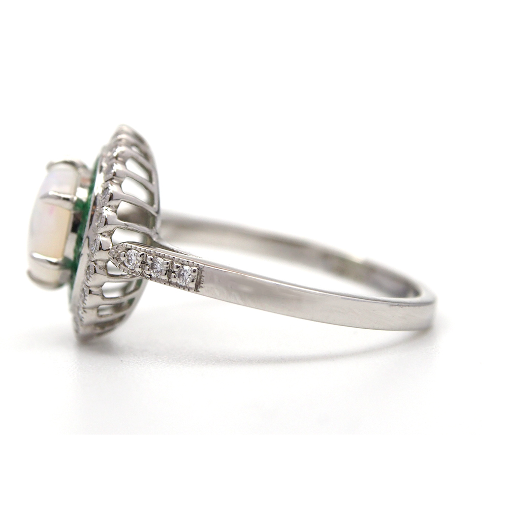 Opal, Diamond and Emerald Ring - Platinum