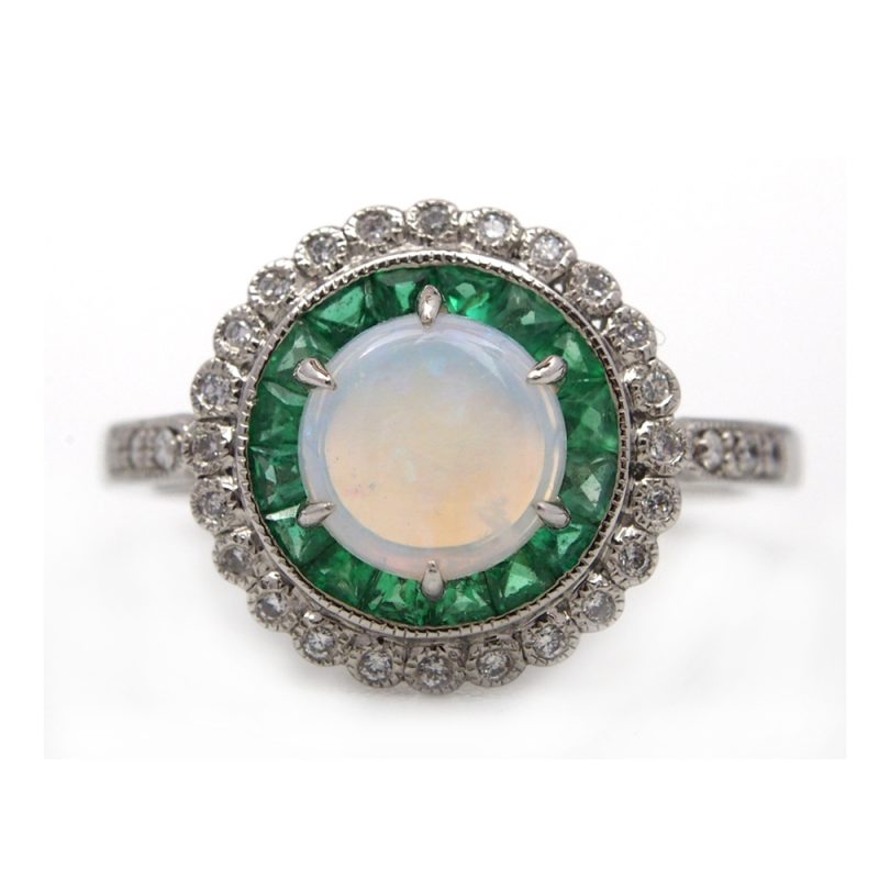 Opal, Diamond and Emerald Ring - Platinum