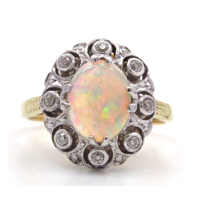 Opal and Diamond Cluster Ring