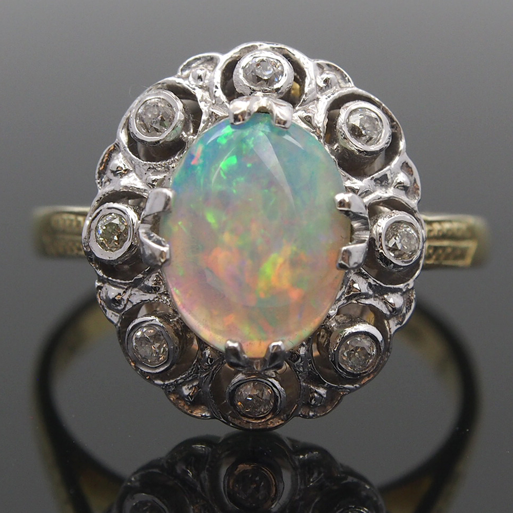 Opal and Diamond Cluster Ring