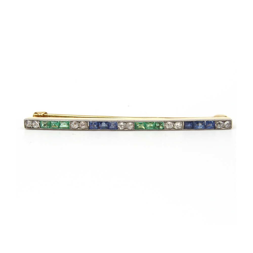 Diamond, Emerald and Sapphire Art Deco Brooch