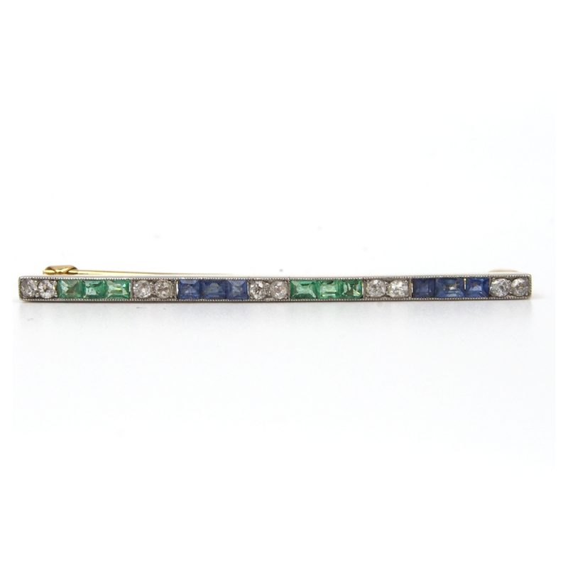 Diamond, Emerald and Sapphire Art Deco Brooch