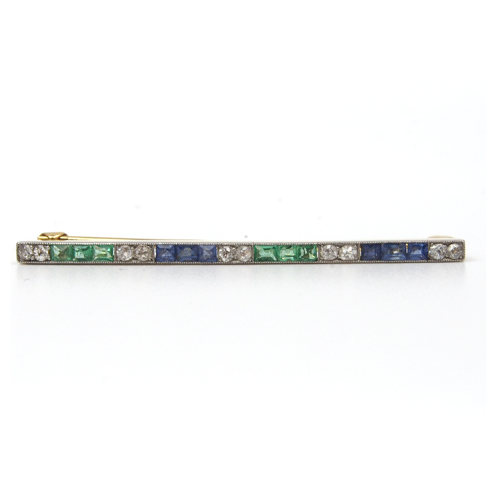 Diamond, Emerald and Sapphire Art Deco Brooch