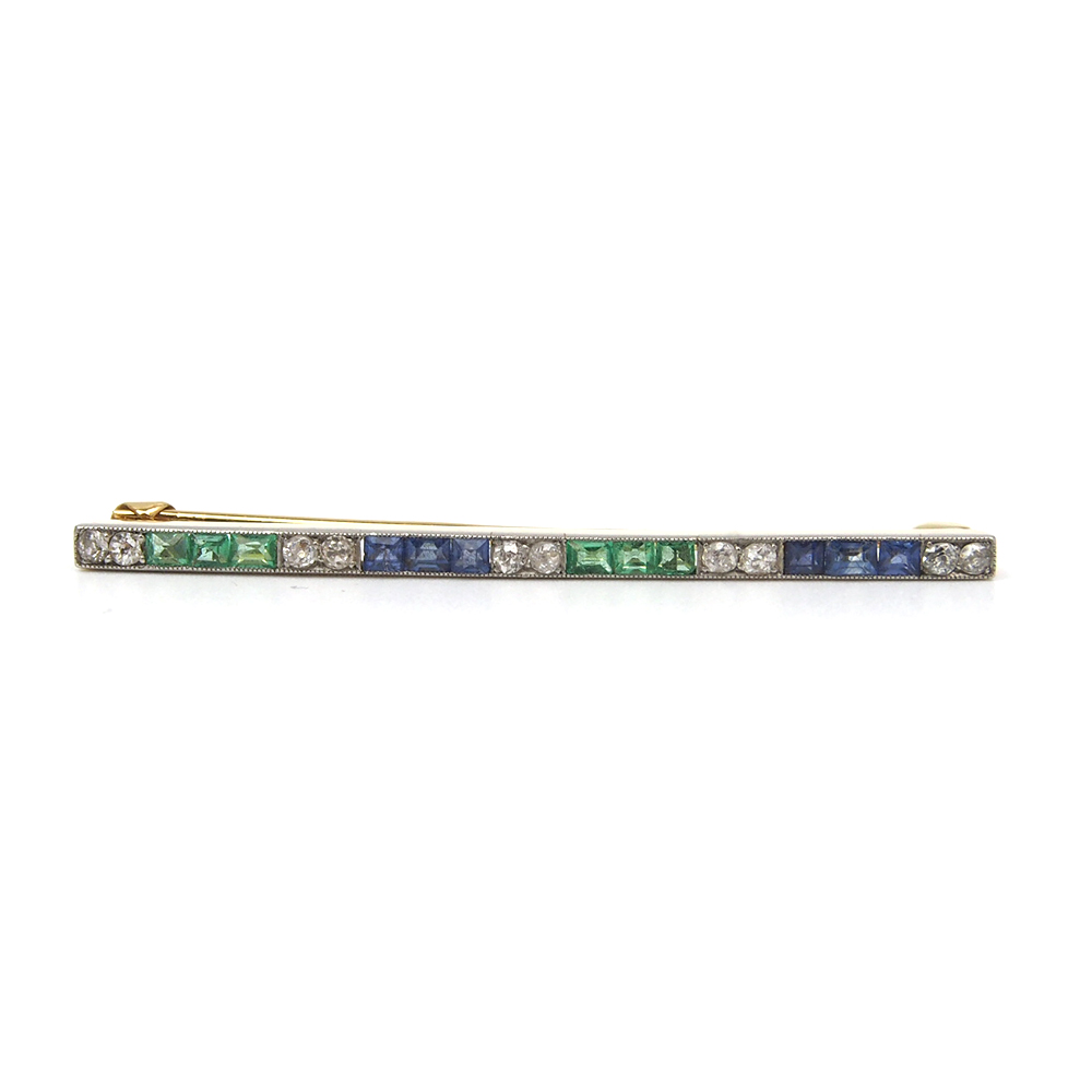 Diamond, Emerald and Sapphire Art Deco Brooch