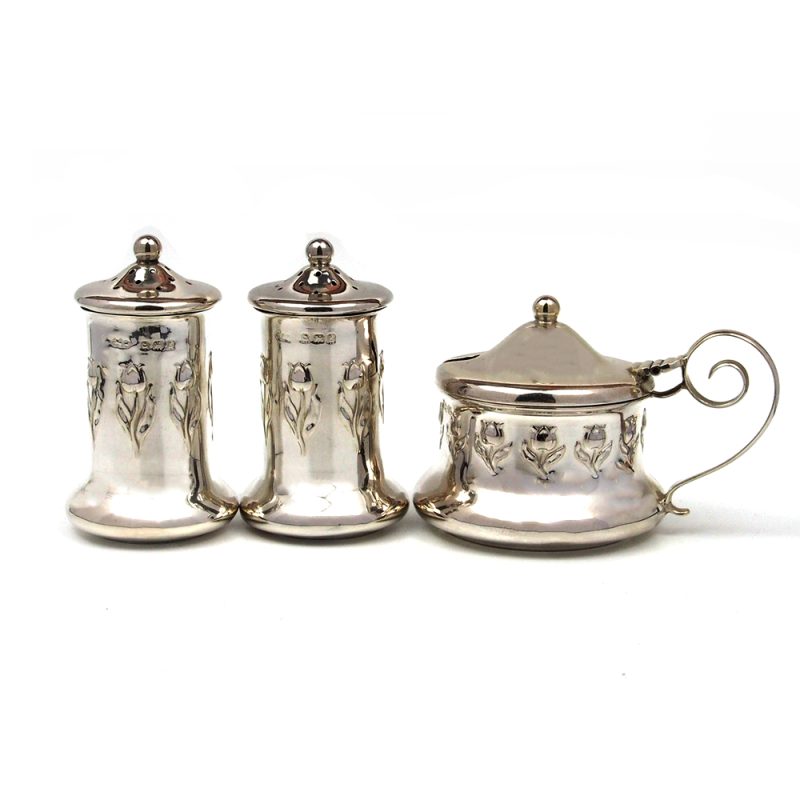 Art Nouveau Silver Three Piece Condiment Set - 1906