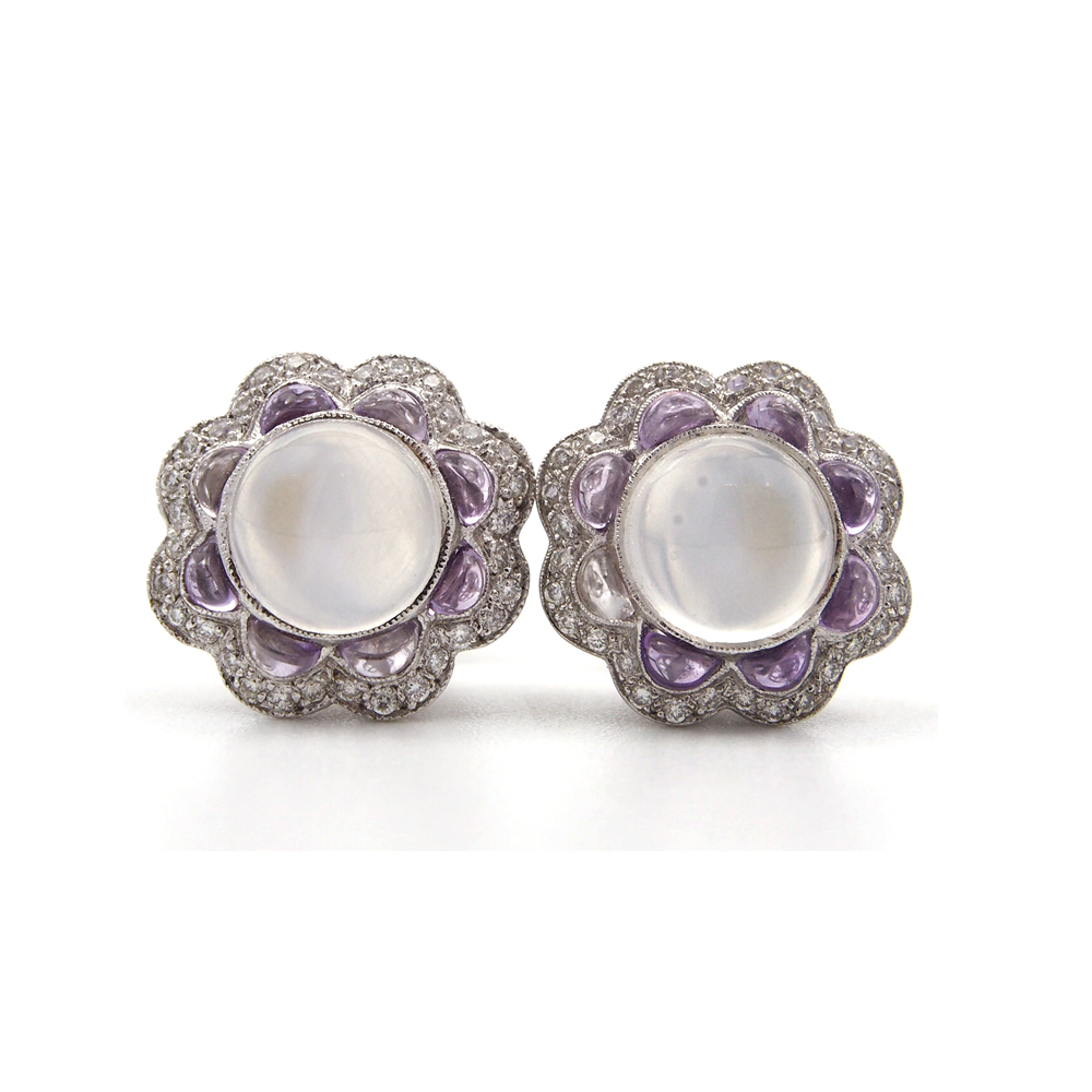 Moonstone, Diamond and Amethyst Earrings
