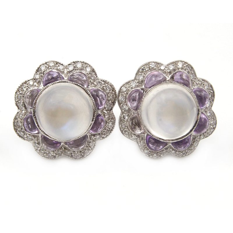 Moonstone, Diamond and Amethyst Earrings