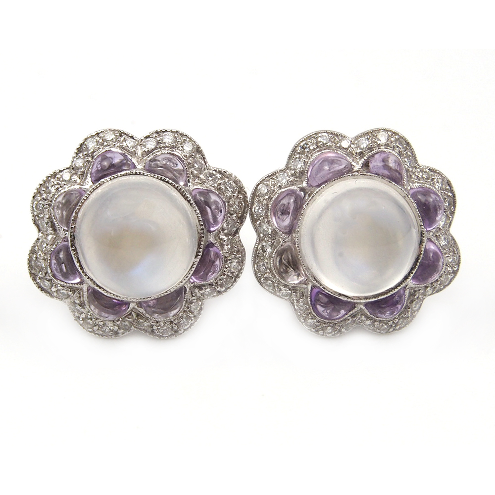 Moonstone, Diamond and Amethyst Earrings