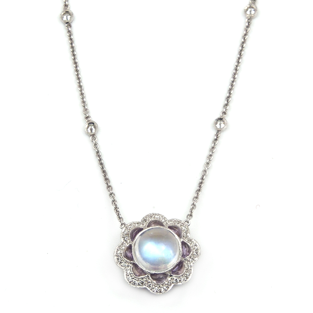 Moonstone, Diamond and Amethyst Necklace