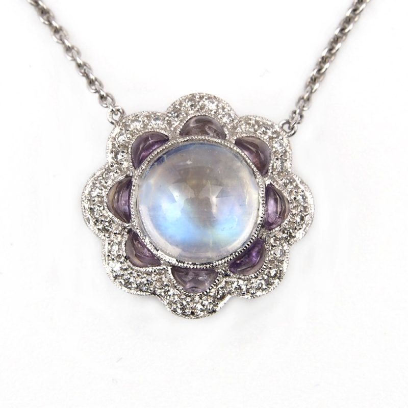 Moonstone, Diamond and Amethyst Necklace
