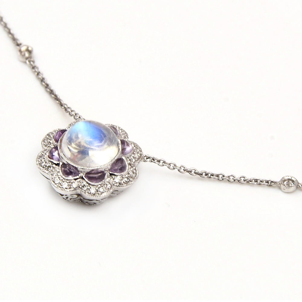 Moonstone, Diamond and Amethyst Necklace