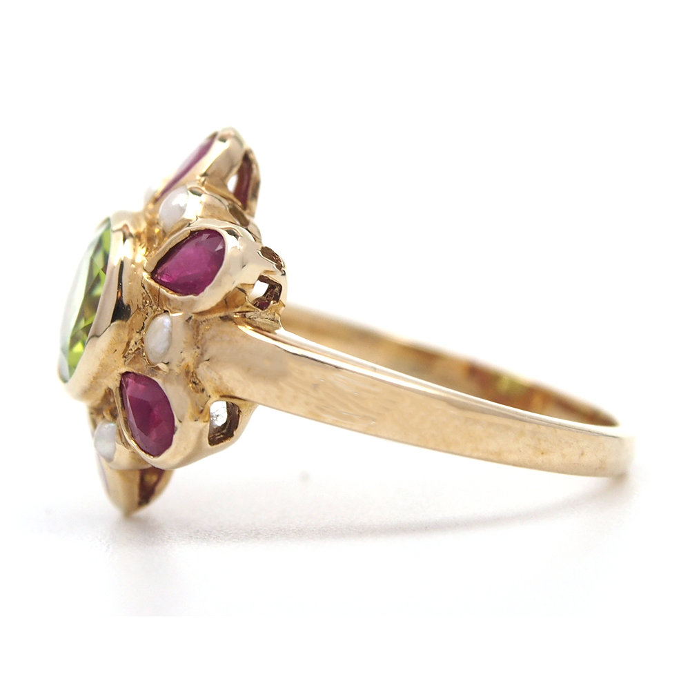 Peridot Ruby and Pearl Flower Ring