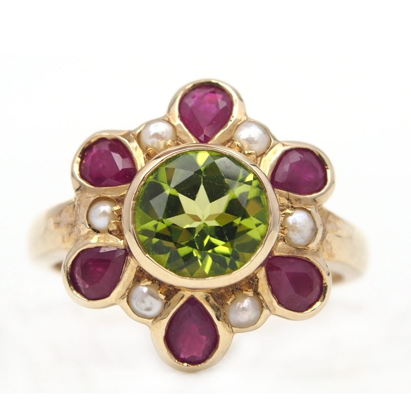 Peridot Ruby and Pearl Flower Ring