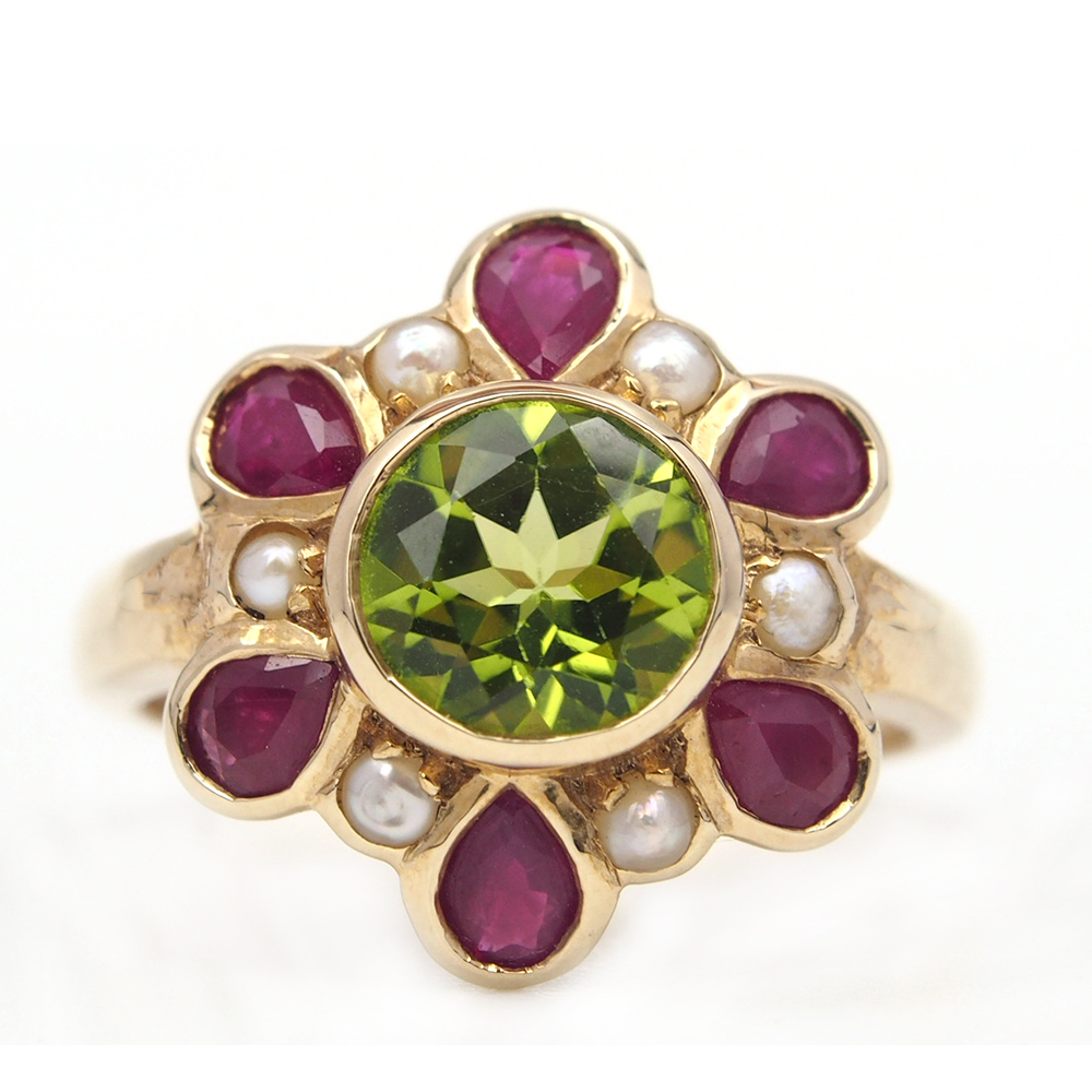 Peridot Ruby and Pearl Flower Ring