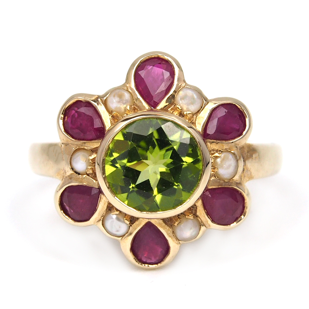 Peridot Ruby and Pearl Flower Ring