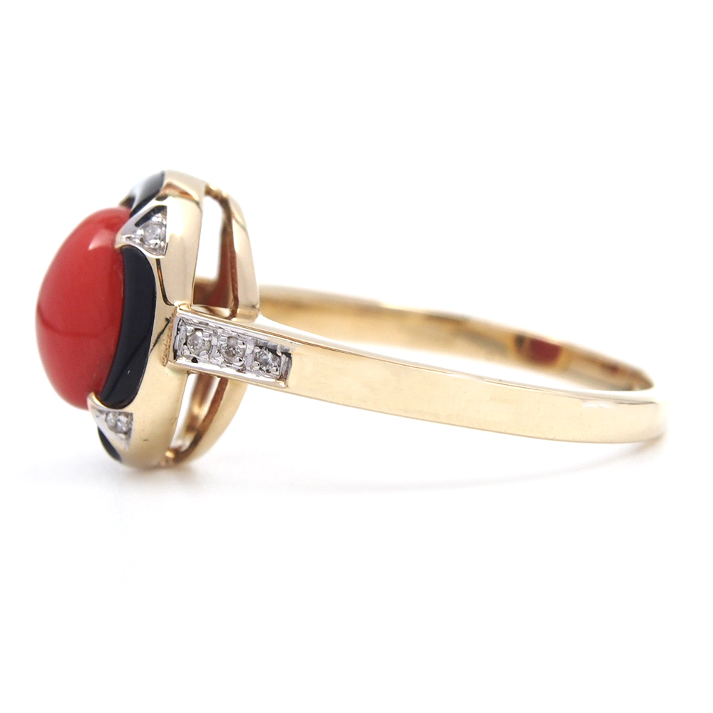 Coral, Onyx and Diamond Ring