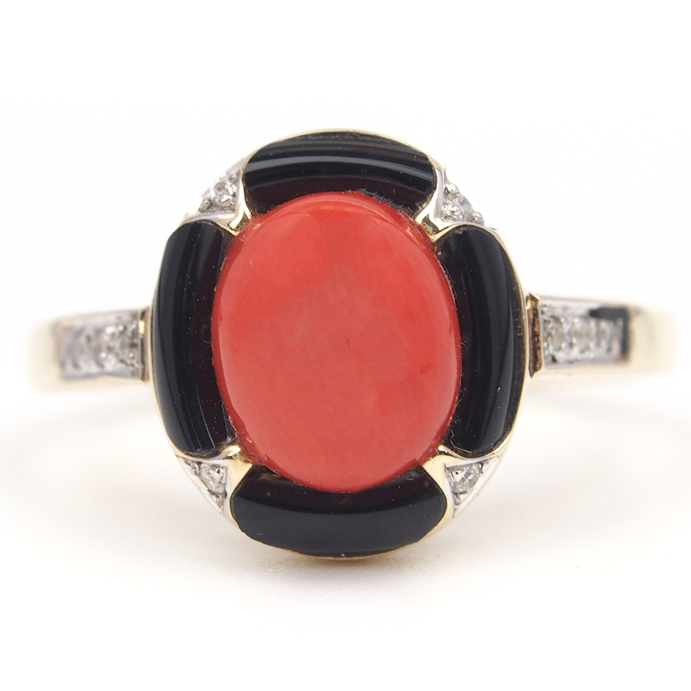 Coral, Onyx and Diamond Ring