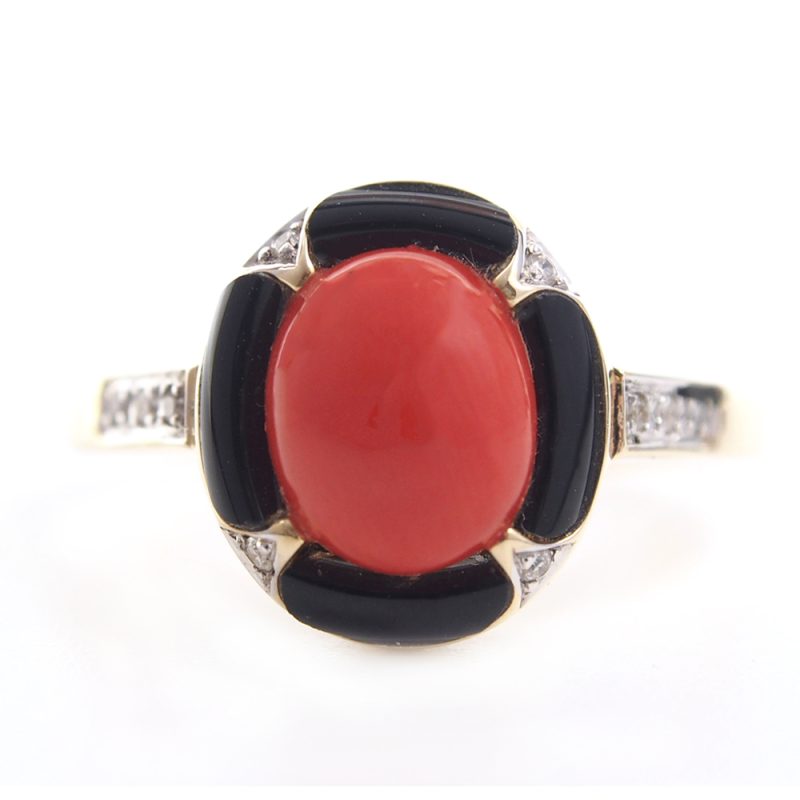 Coral, Onyx and Diamond Ring