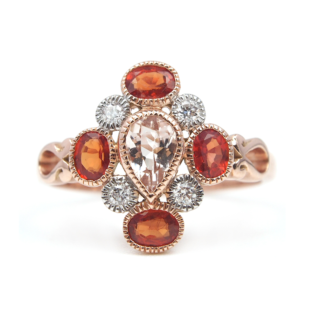Morganite, Orange Sapphire and Diamond Ring