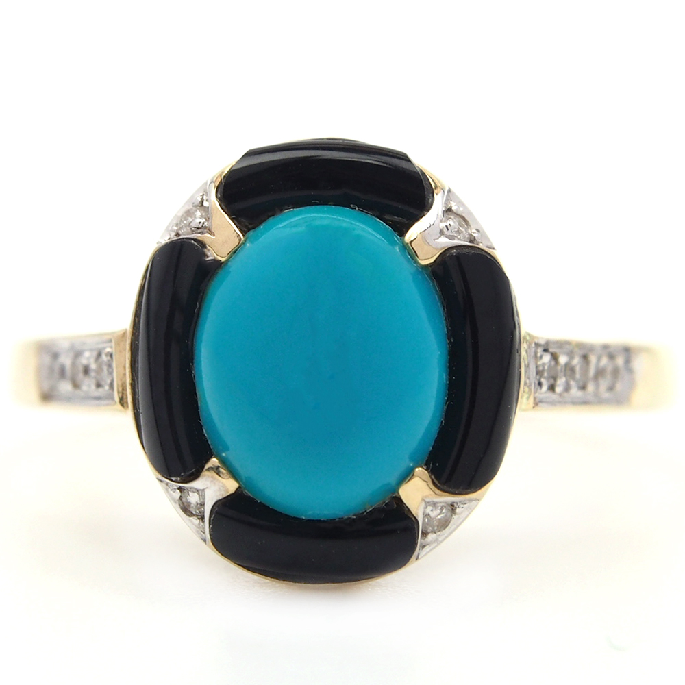 Turquoise, Onyx and Diamond Ring