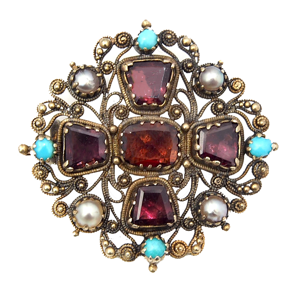 Garnet, Turquoise & Pearl Antique Brooch
