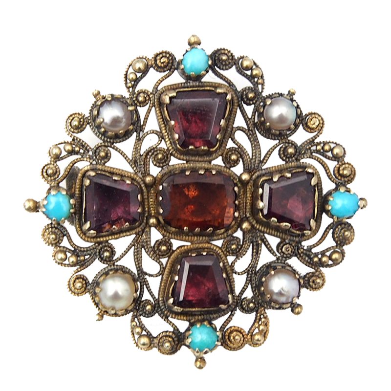Garnet, Turquoise & Pearl Antique Brooch