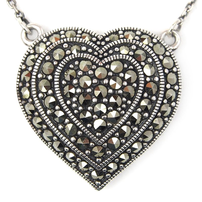 Marcasite Heart Necklace - Silver