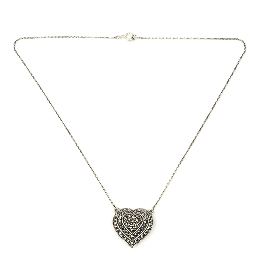 Marcasite Heart Necklace - Silver