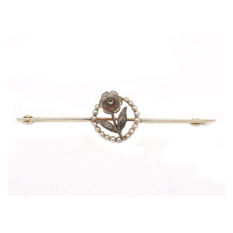 Diamond 15ct Rock Crystal & Pearl Flower Brooch