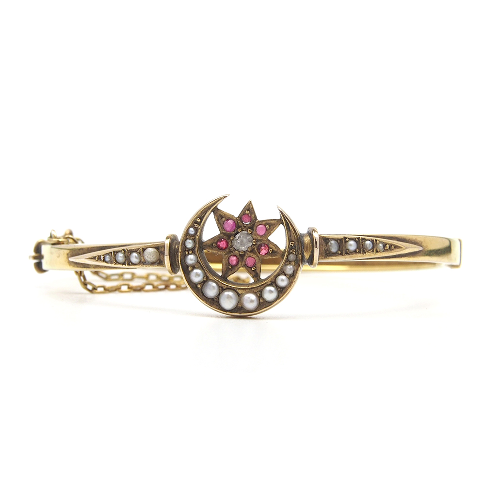 Diamond and Pearl Crescent Moon & Star Bangle