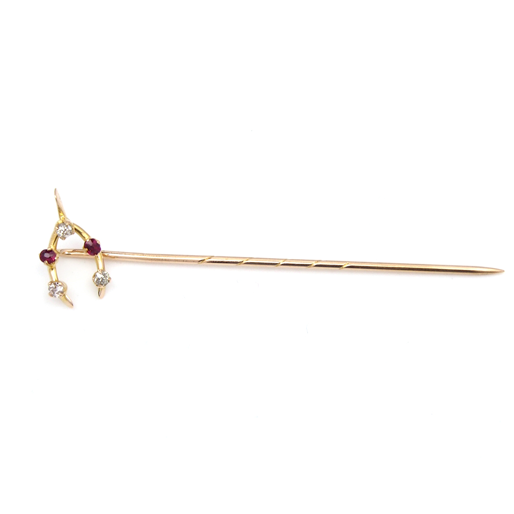 Stick Pin - Ruby and Diamond Wishbone  - Antique 15ct Gold