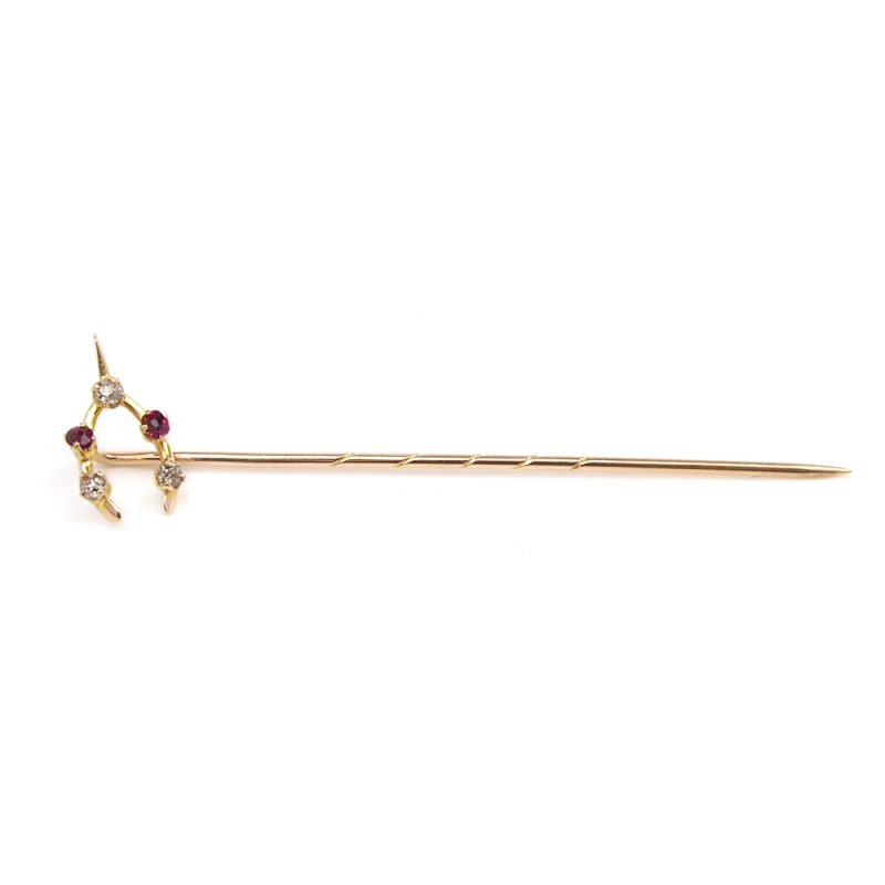 Stick Pin - Ruby and Diamond Wishbone  - Antique 15ct Gold