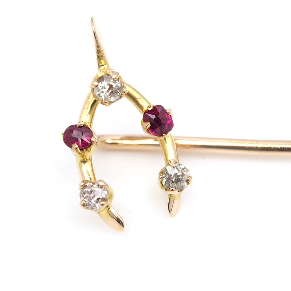 Stick Pin - Ruby and Diamond Wishbone  - Antique 15ct Gold