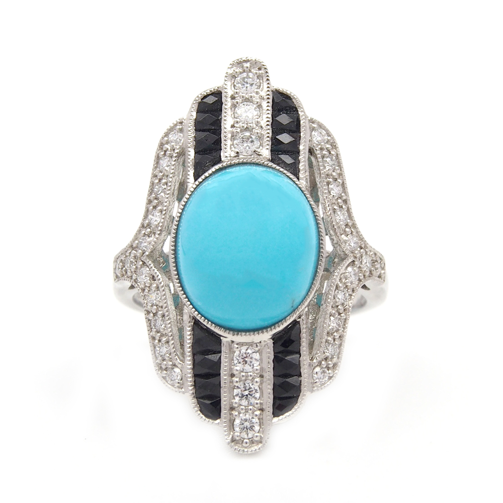Turquoise, Onyx and Diamond Ring