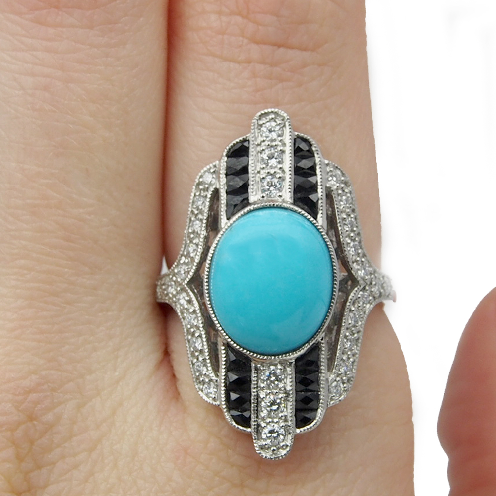 Turquoise, Onyx and Diamond Ring