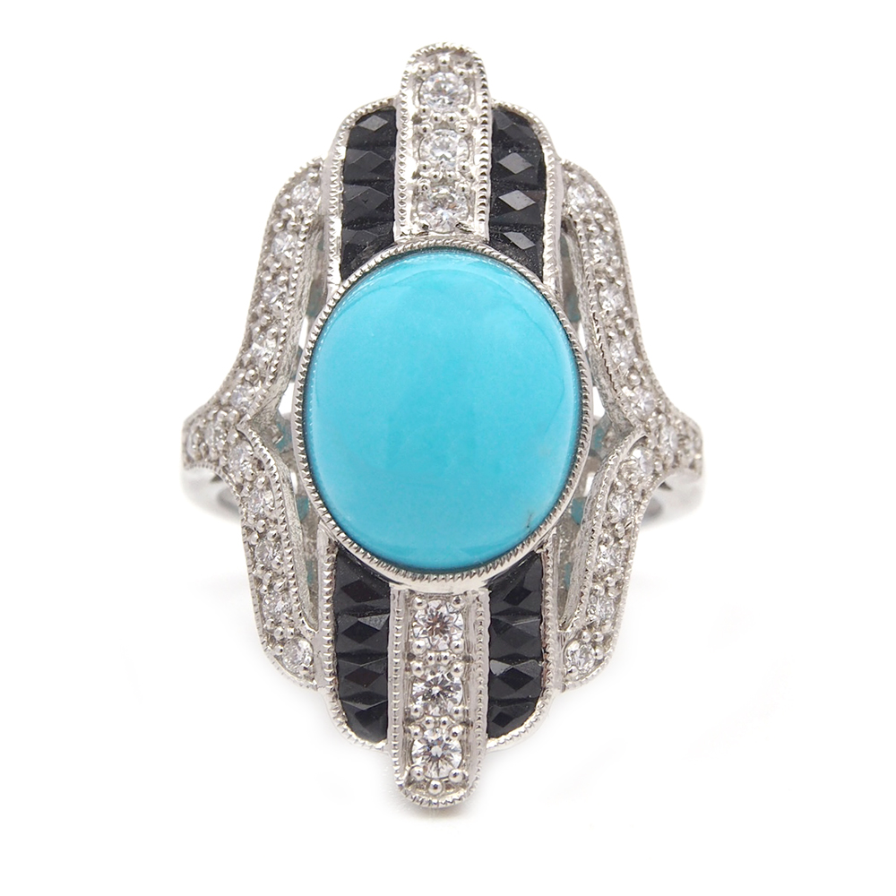 Turquoise, Onyx and Diamond Ring
