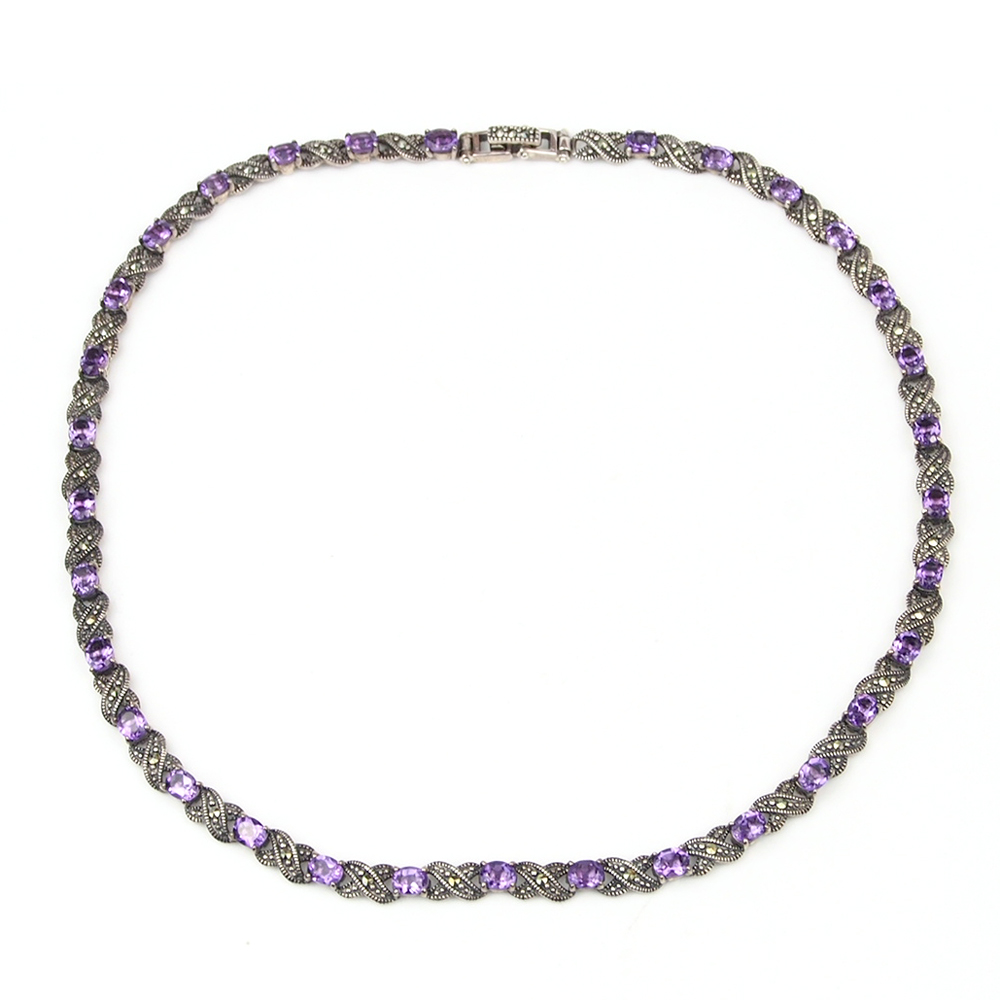 Amethyst and Marcasite Necklace - Silver
